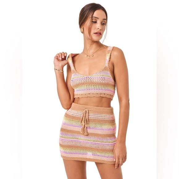 L*SPACE Revolve Buena Vista Stripe Cotton Crochet Boho Beachy Skirt Sz L - Picture 5 of 13